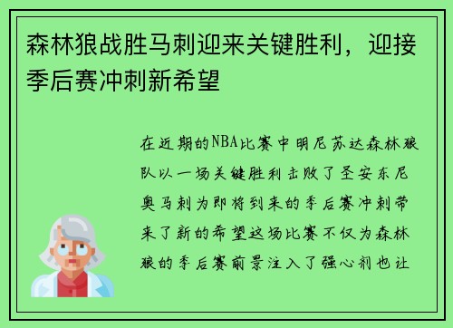 森林狼战胜马刺迎来关键胜利，迎接季后赛冲刺新希望