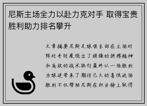尼斯主场全力以赴力克对手 取得宝贵胜利助力排名攀升