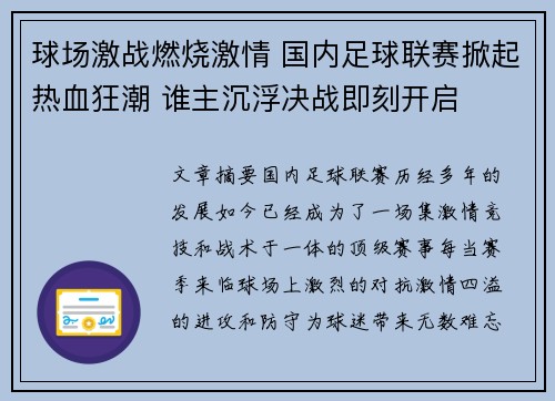 球场激战燃烧激情 国内足球联赛掀起热血狂潮 谁主沉浮决战即刻开启